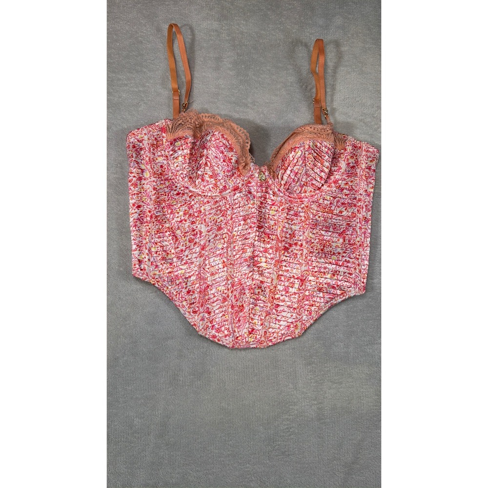 Bydee Floral Corset Top Pink Orange‎ Lace Trim Underwire Mesh Back Small